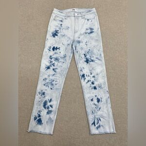 PAIGE Hoxton Slim Crop Jeans, Denim Pants Raw Hem, Blue and White Tie-Dye,Sz 29